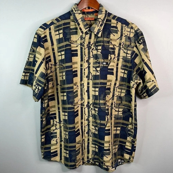 POINT ZERO Mens Print Plisse Shirt Orange Label Tan Navy Retro 80s Vibe Size M - Picture 14 of 14